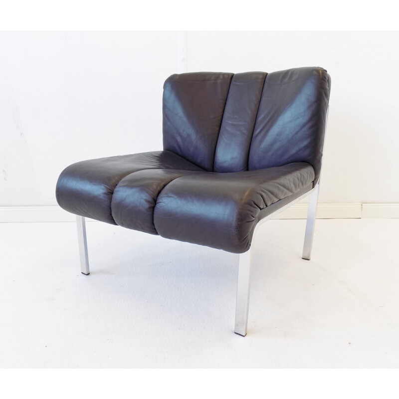 Pair of vintage black leather lounge chairs Girsberger Eurochair 1970