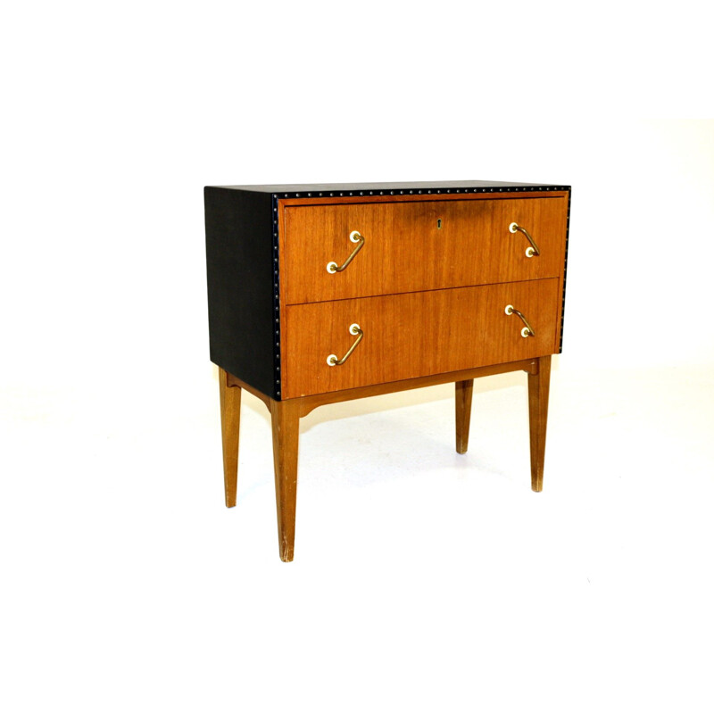 Vintage teak and imitation leather chest of drawers, Sweden 1950