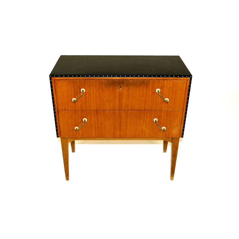 Vintage teak and imitation leather chest of drawers, Sweden 1950