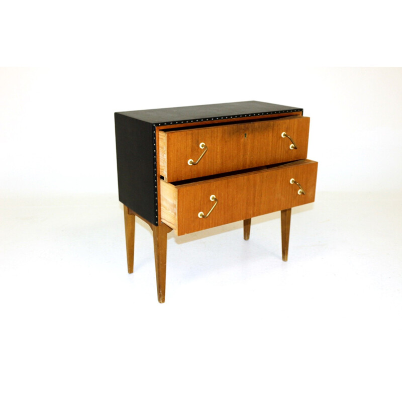 Vintage teak and imitation leather chest of drawers, Sweden 1950