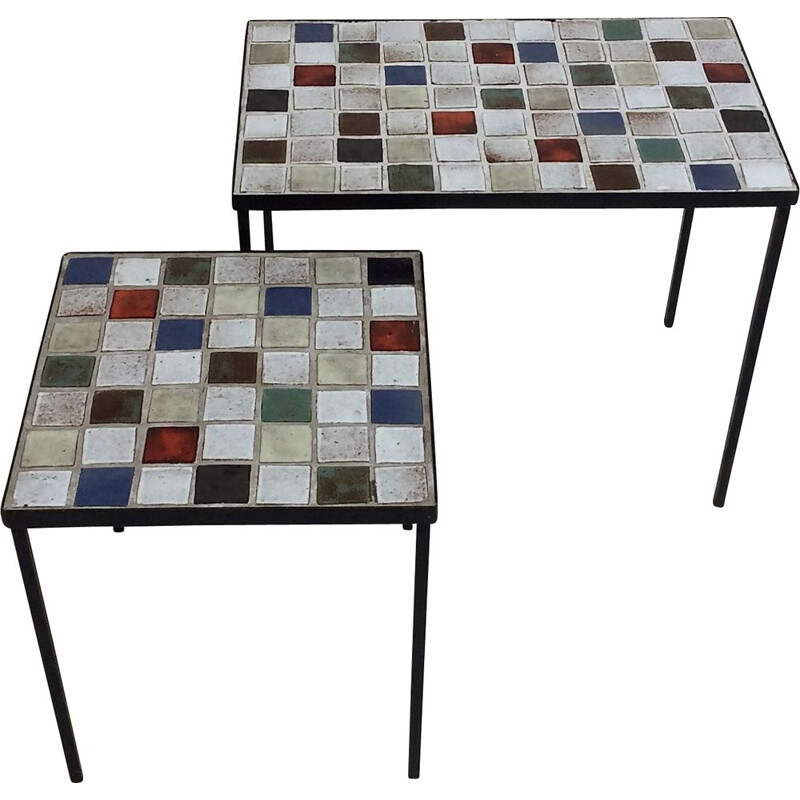 Vintage enamelled ceramic nesting tables by Mado Jolain, France 1950