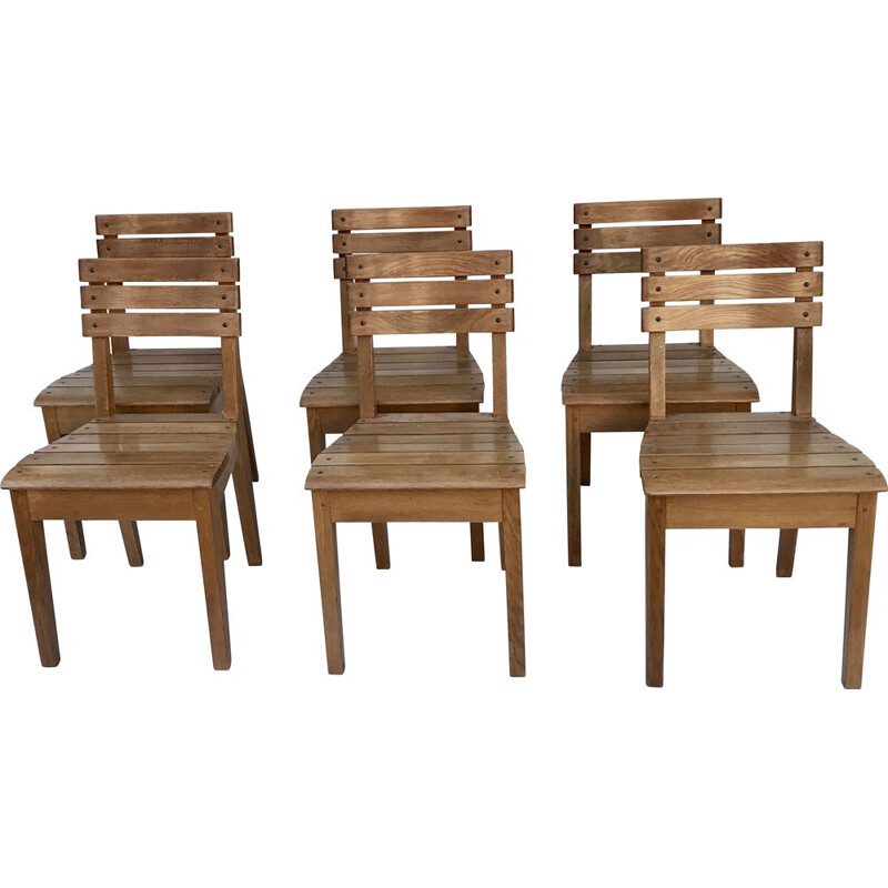 Suite of 6 vintage oak chairs by Charles Dudouyt for La Gentilhommière, France 1960