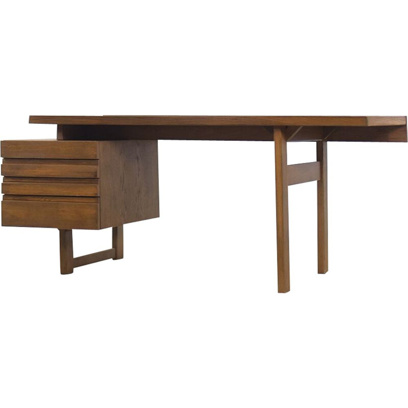 Vintage Brutalist Geometrical Oak Desk with Drawers Scandinavian 1950s