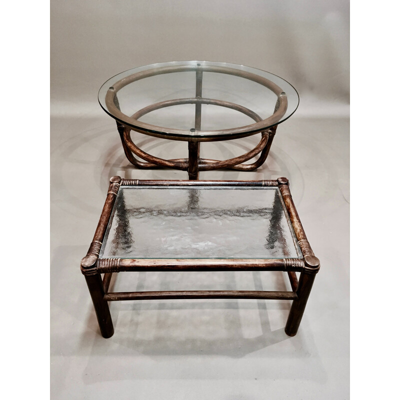 Set of glass and rattan coffee tables 1960s