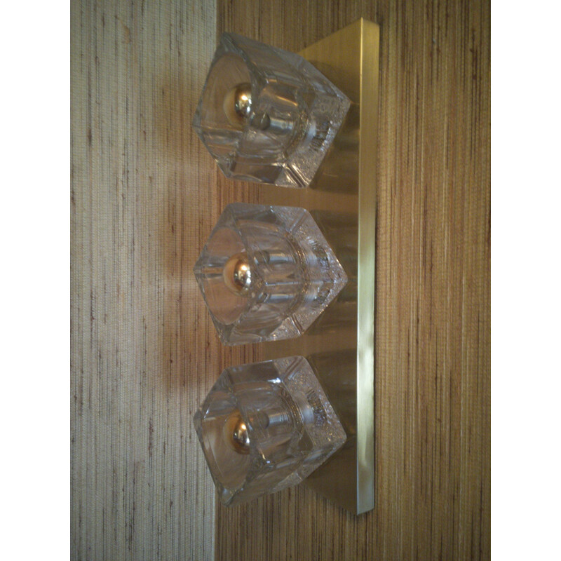 Vintage Wall Lampth 3 Ice Glass Ice Cube By Peill & Putzler Gold 1960s