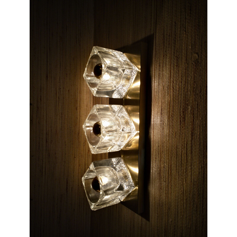 Vintage Wall Lampth 3 Ice Glass Ice Cube By Peill & Putzler Gold 1960s