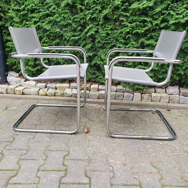 Pair of vintage leather and chrome cantilever chairs by Mart Stam