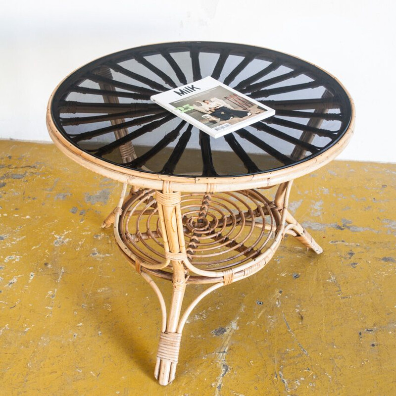 Vintage table in rattan and smoked glass France 1970s