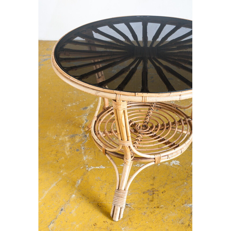 Vintage rattan e mesa de vidro fumado França 1970