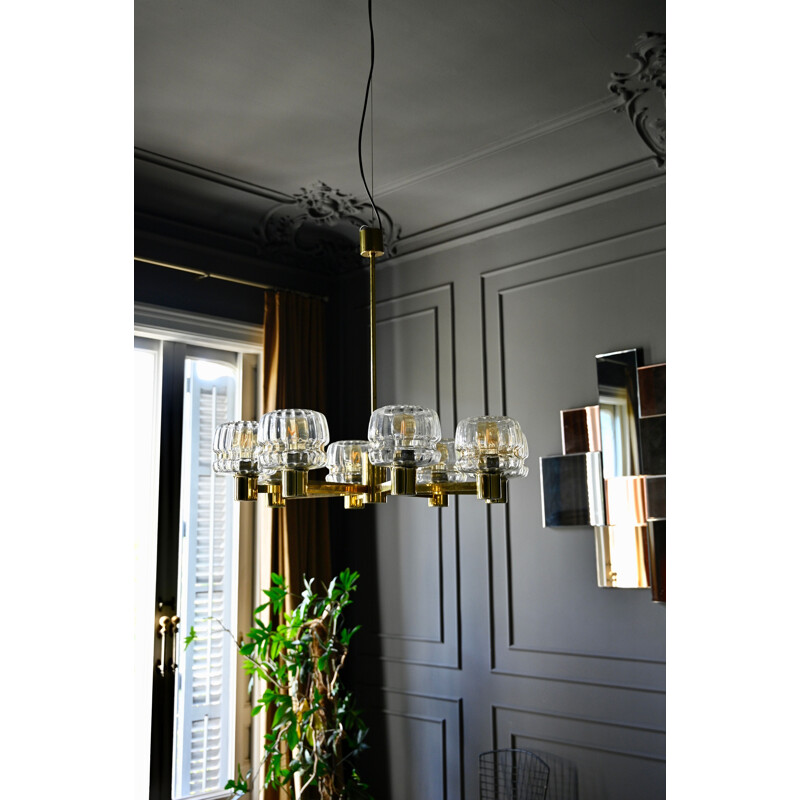 Vintage Scandinavian Brass and Glass Chandelier by Hans-Agne Jakobsson 1960s