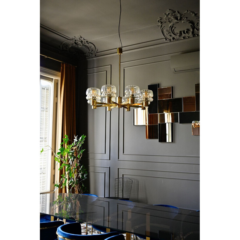 Vintage Scandinavian Brass and Glass Chandelier by Hans-Agne Jakobsson 1960s