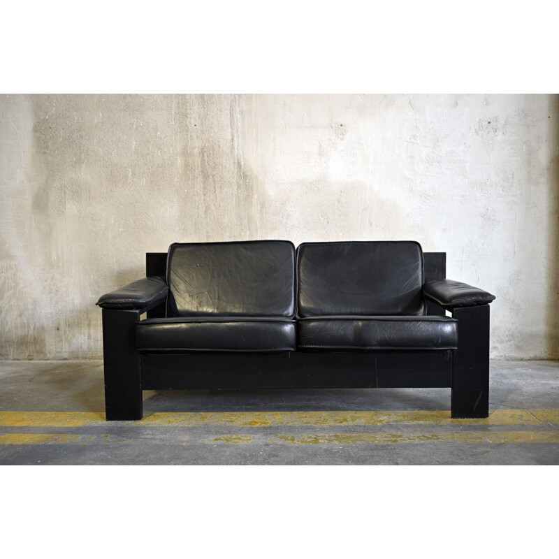 2-Seater Sofa Brutalist in Black Leather by Harry de Groot for Leolux, 1970s