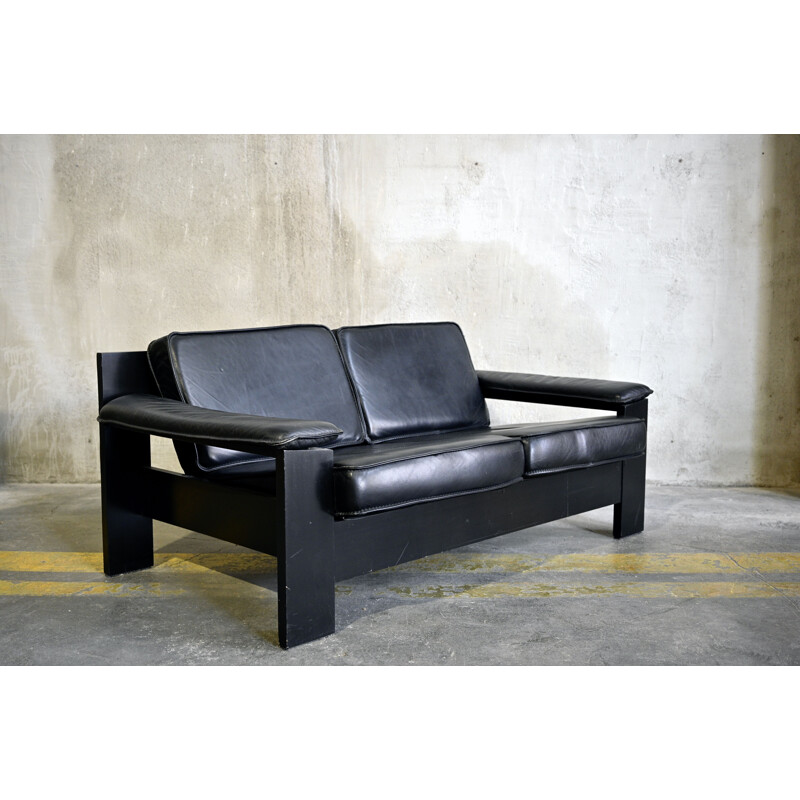 2-Seater Sofa Brutalist in Black Leather by Harry de Groot for Leolux, 1970s