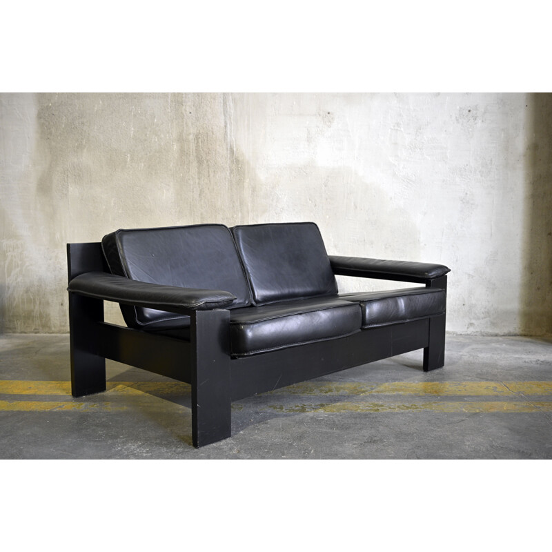 2-Seater Sofa Brutalist in Black Leather by Harry de Groot for Leolux, 1970s