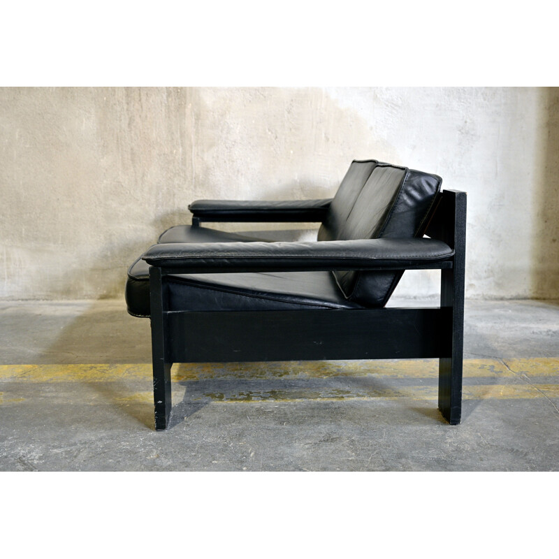 2-Seater Sofa Brutalist in Black Leather by Harry de Groot for Leolux, 1970s