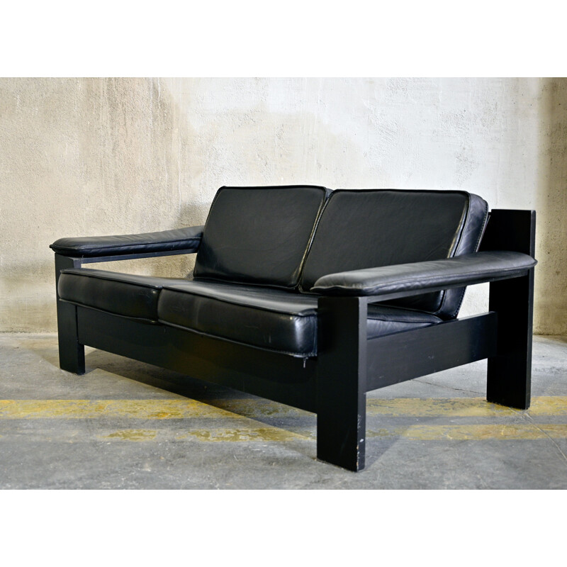 2-Seater Sofa Brutalist in Black Leather by Harry de Groot for Leolux, 1970s
