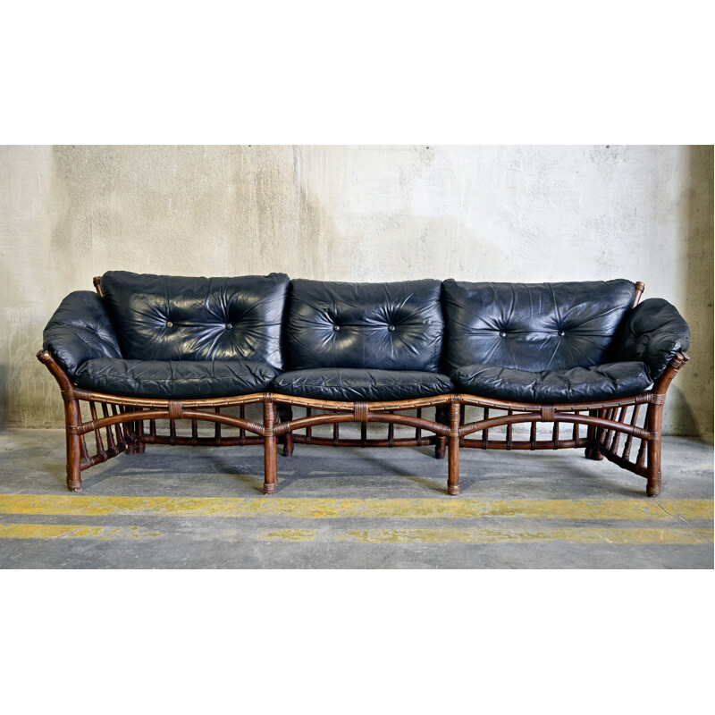 Vintage Leather and Rattan Sofa 1970s