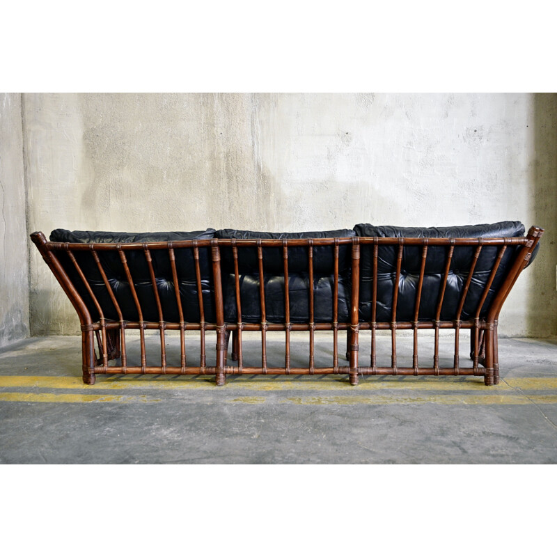 Vintage Leather and Rattan Sofa 1970s