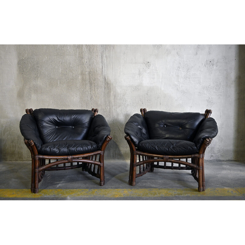Pair of vintage Leather and Rattan Chairs 1970s