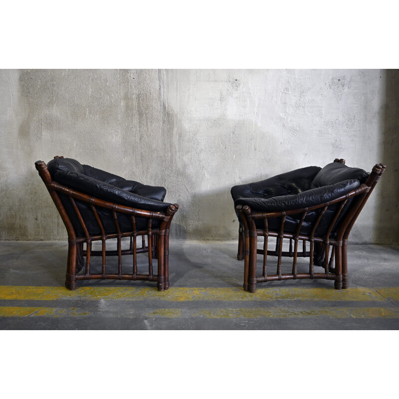 Pair of vintage Leather and Rattan Chairs 1970s