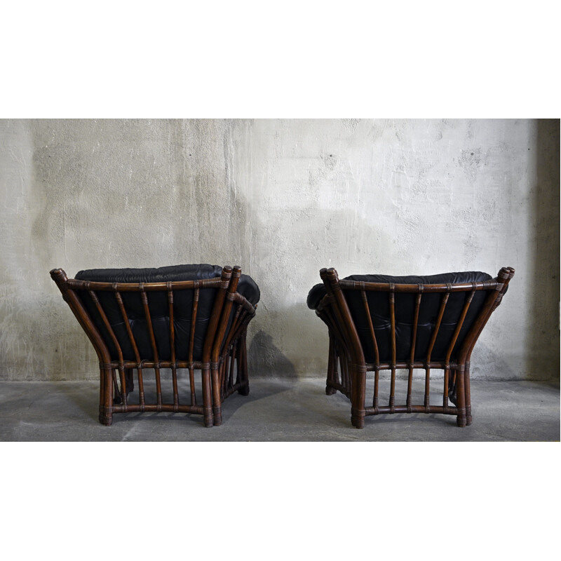 Pair of vintage Leather and Rattan Chairs 1970s