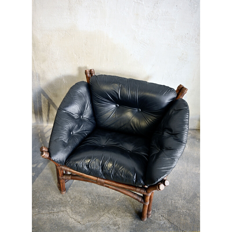 Pair of vintage Leather and Rattan Chairs 1970s