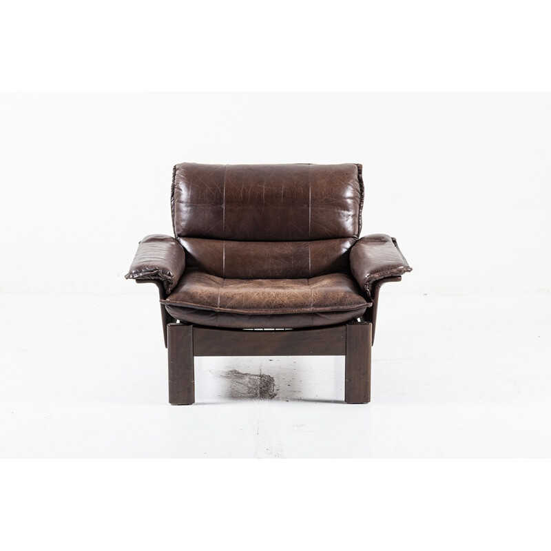 Vintage Leather and Teak Lounge Chair 1960s