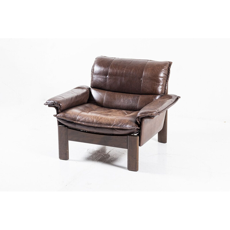 Vintage Leather and Teak Lounge Chair 1960s