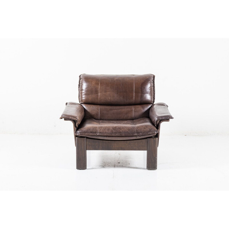 Vintage Leather and Teak Lounge Chair 1960s