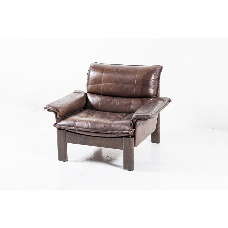 Vintage Leather and Teak Lounge Chair 1960s