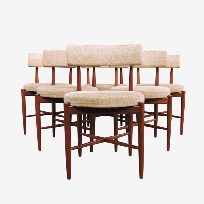 Set of 6 Mid-Century Teak and Cream Fabric Dining Chairs by G-Plan 1960s