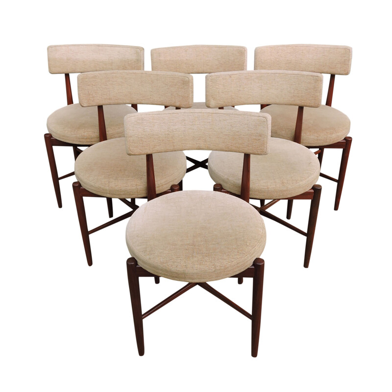 Set of 6 Mid-Century Teak and Cream Fabric Dining Chairs by G-Plan 1960s