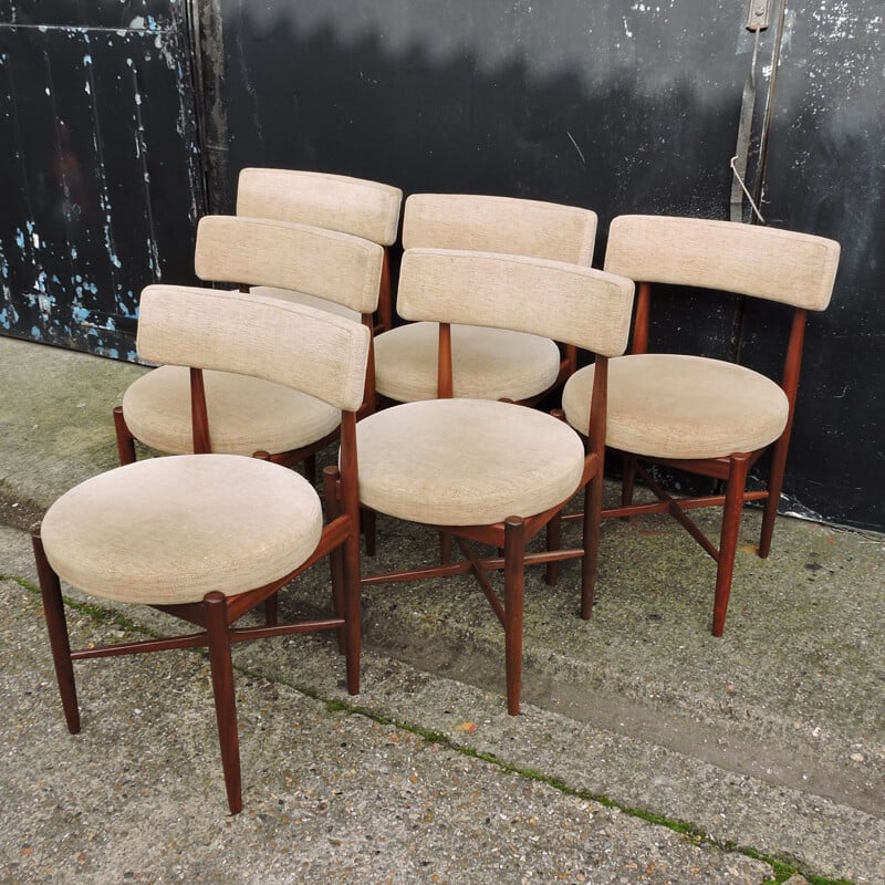 Set of 6 Mid-Century Teak and Cream Fabric Dining Chairs by G-Plan 1960s