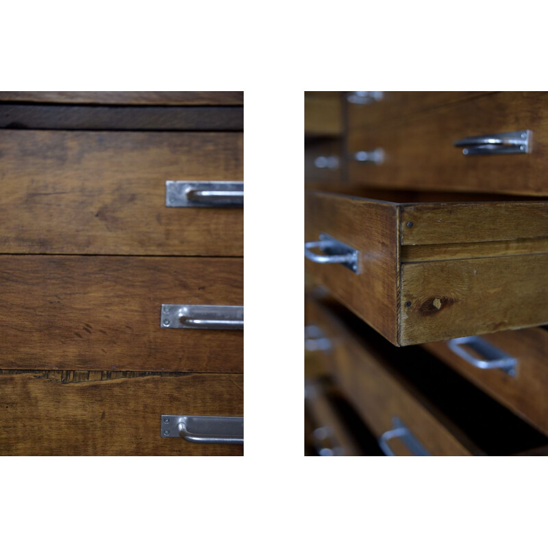 Vintage industrial oak architect or apothecary cabinet with multiple drawers, 1930