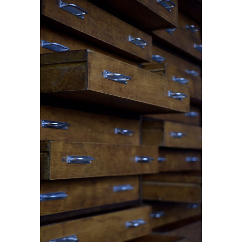 Vintage industrial oak architect or apothecary cabinet with multiple drawers, 1930