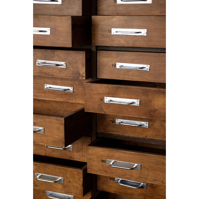 Vintage industrial oak architect or apothecary cabinet with multiple drawers, 1930