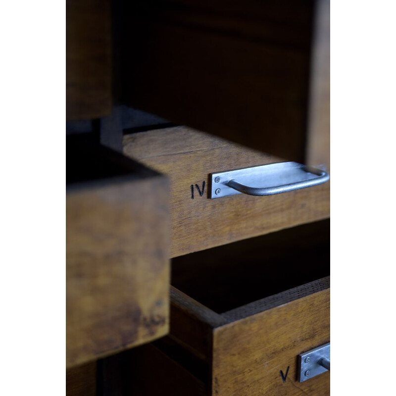 Vintage industrial oak architect or apothecary cabinet with multiple drawers, 1930