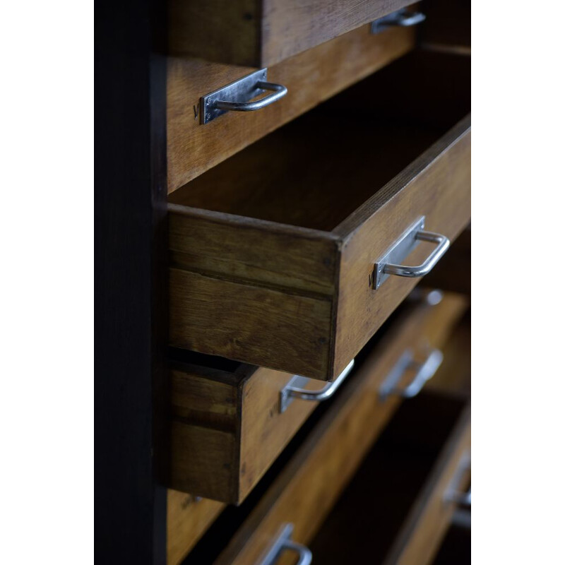 Vintage industrial oak architect or apothecary cabinet with multiple drawers, 1930