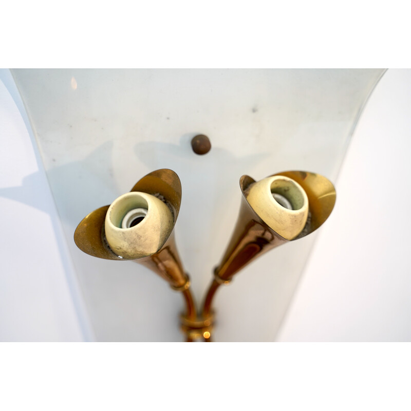 Set of 3 Midcentury  Curved Glass and Brass Sconces Italian 1950