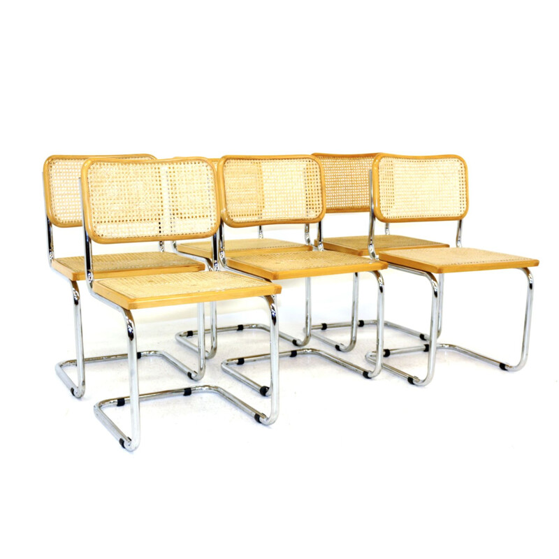 Set of 6 Cesca vintage Marcel Breuer chairs in chromed steel and solid beech wood 1970s