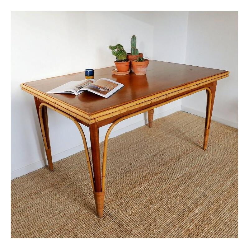 Vintage eettafel met rotan verlengstukken