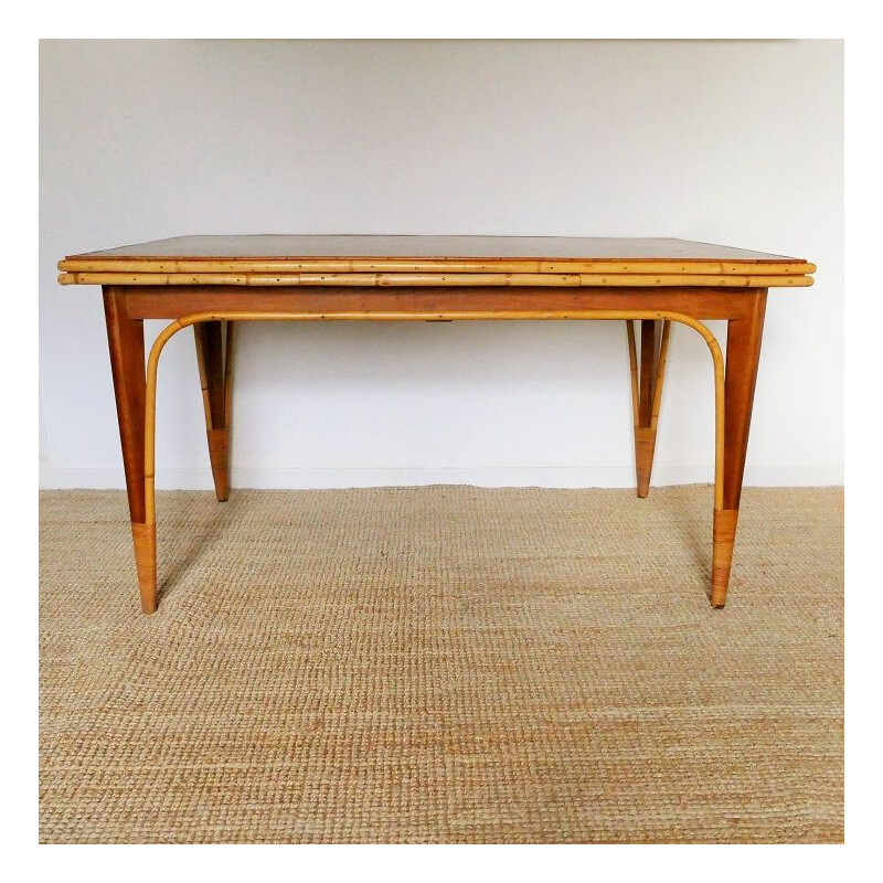 Vintage eettafel met rotan verlengstukken