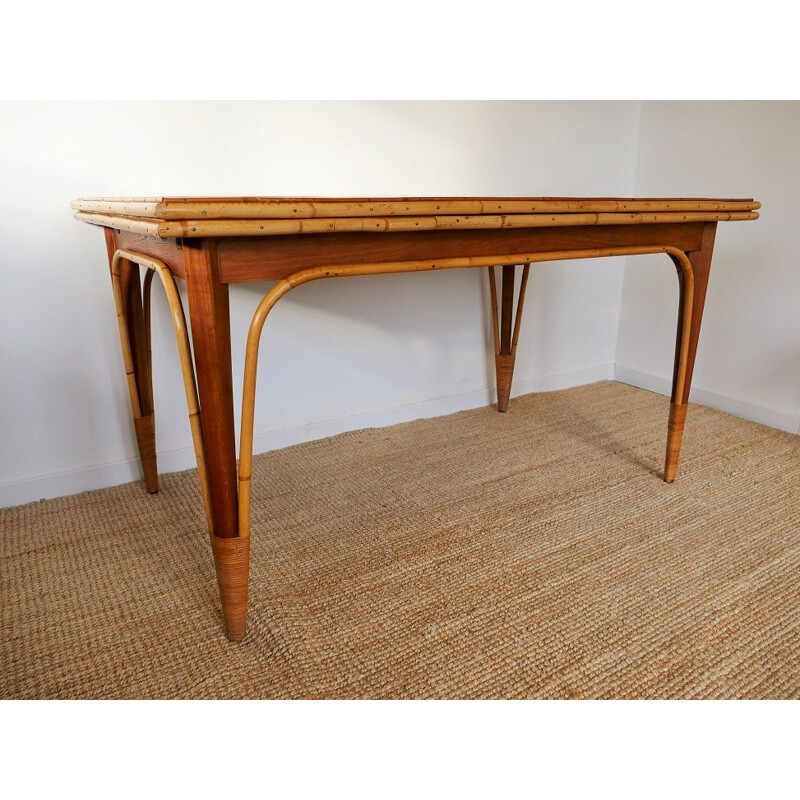 Mesa de comedor vintage con extensiones de ratán