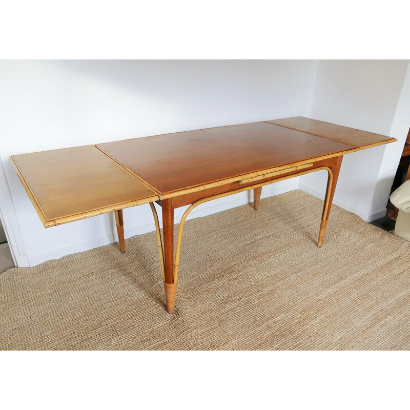 Vintage eettafel met rotan verlengstukken