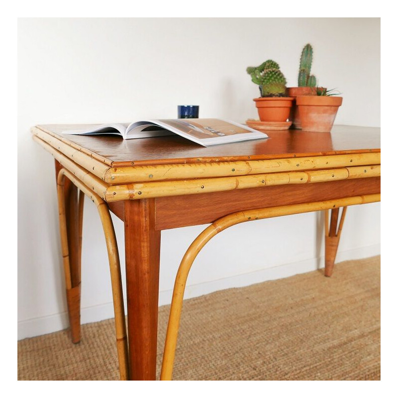 Vintage dining table with rattan extensions