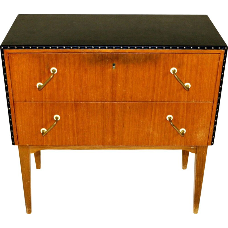 Vintage teak and imitation leather chest of drawers, Sweden 1950