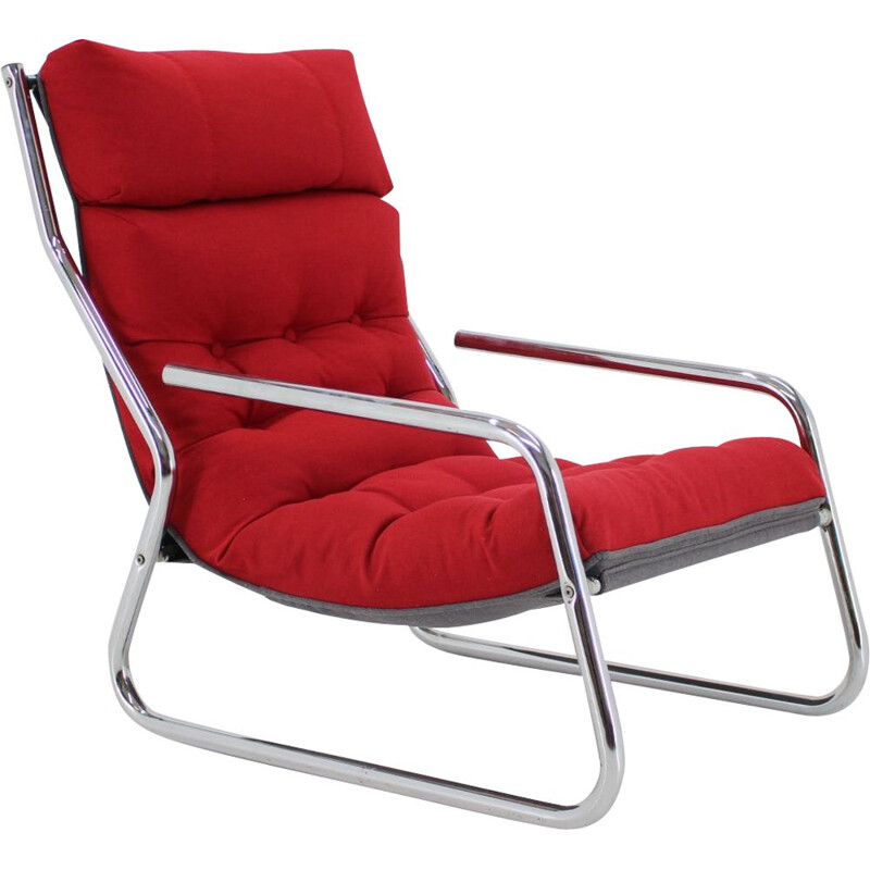 Vintage tubular steel armchair red chrome-plated, Czechoslovakia 1970