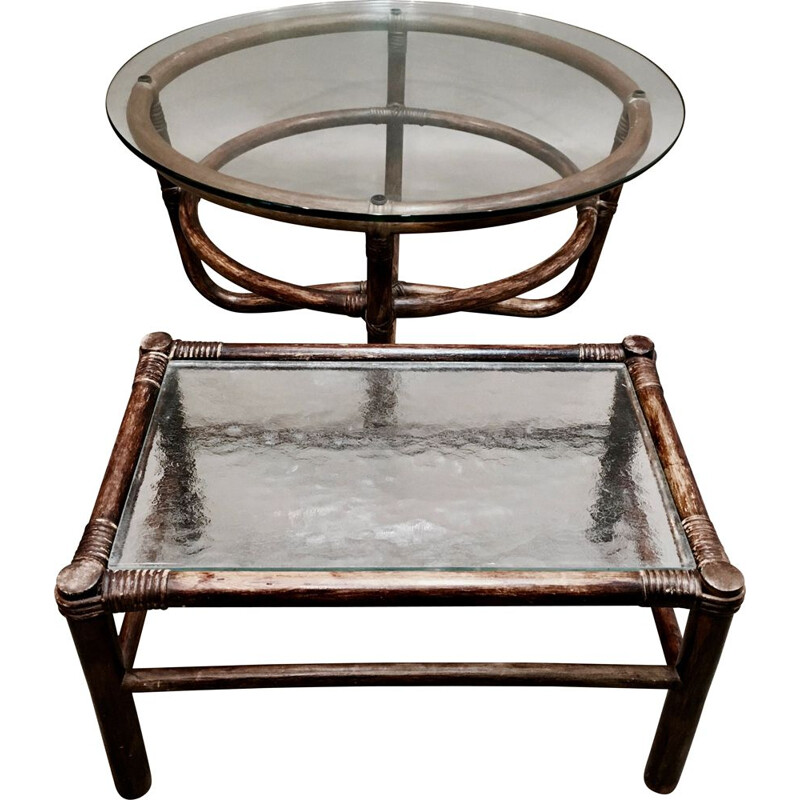 Set of glass and rattan coffee tables 1960s