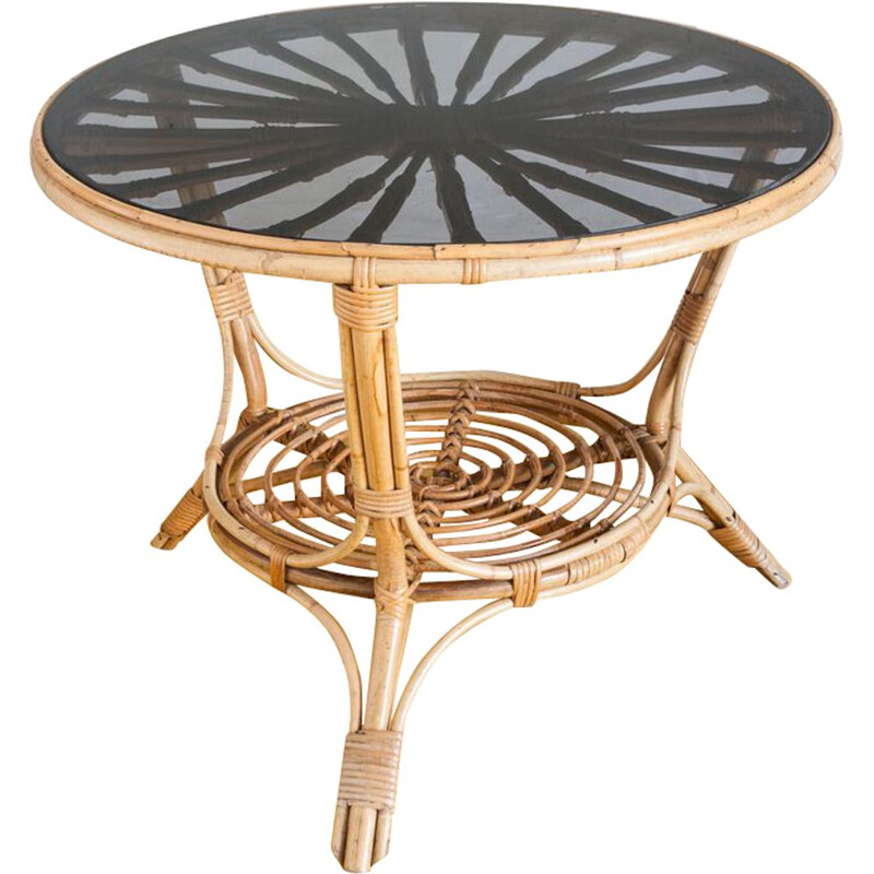 Vintage table in rattan and smoked glass France 1970s
