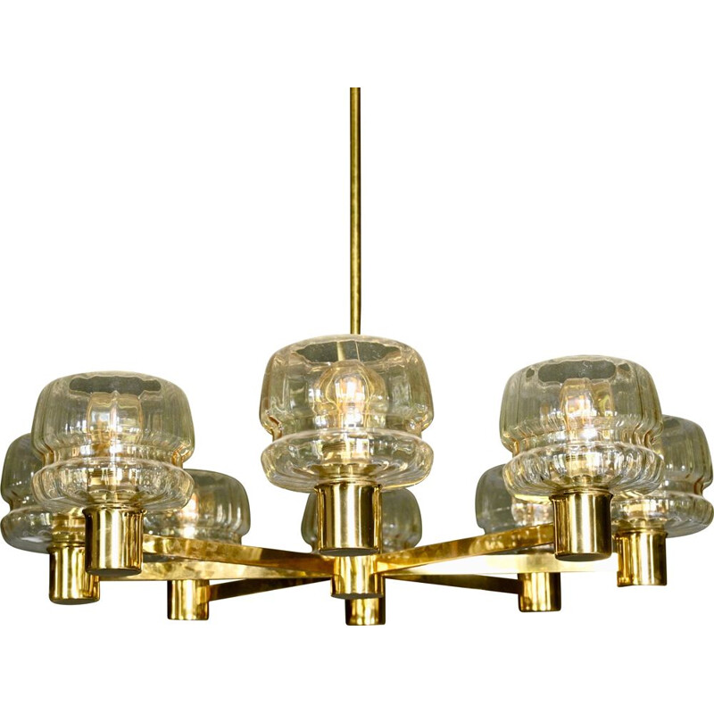 Vintage Scandinavian Brass and Glass Chandelier by Hans-Agne Jakobsson 1960s